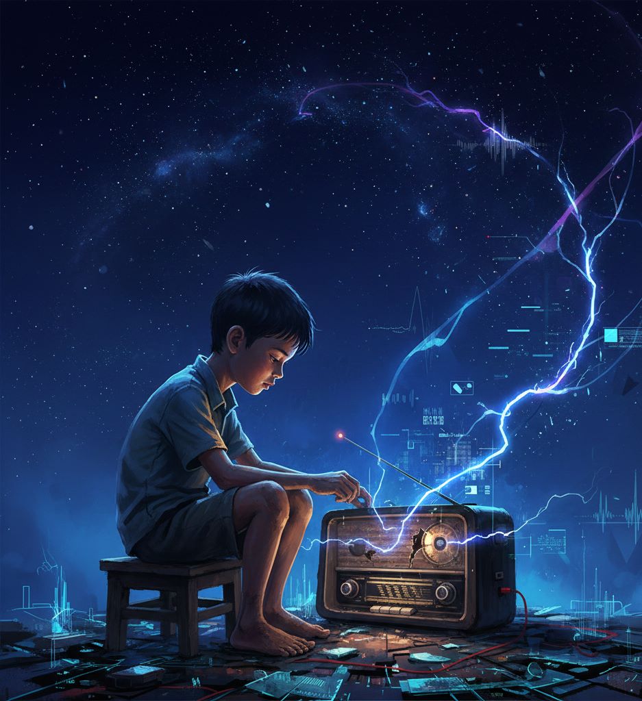 a boy in night with a radio illustration